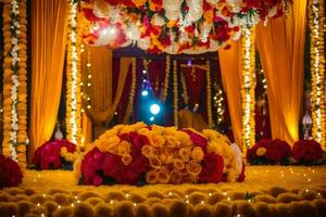 een bruiloft ceremonie met geel en oranje bloemen. ai-gegenereerd foto