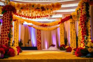 een bruiloft ceremonie met kleurrijk bloemen en decoraties. ai-gegenereerd foto