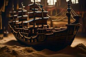 een model- van een piraat schip in een donker kamer. ai-gegenereerd foto