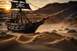 een piraat schip in de woestijn. ai-gegenereerd foto
