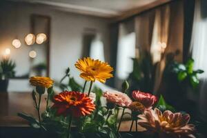 bloemen in een vaas Aan een tafel in een kamer. ai-gegenereerd foto