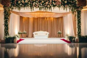 een elegant bruiloft stadium met bloemen en een wit bank. ai-gegenereerd foto