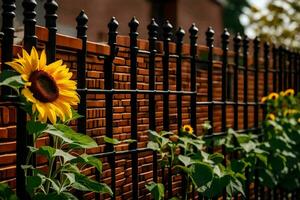 een zonnebloem is groeit in voorkant van een schutting. ai-gegenereerd foto