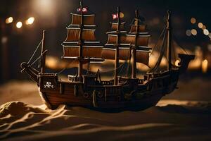 een model- van een piraat schip Aan een strand. ai-gegenereerd foto