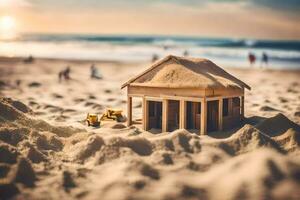 een miniatuur huis Aan de strand met zand. ai-gegenereerd foto