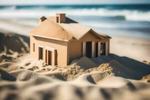 een model- huis zit in de zand Aan de strand. ai-gegenereerd foto