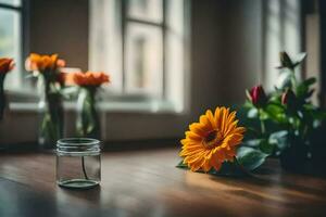 zonnebloemen in een vaas Aan een tafel. ai-gegenereerd foto
