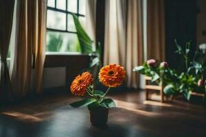 oranje bloemen in een vaas Aan een houten vloer. ai-gegenereerd foto