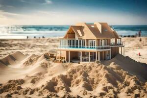 een model- huis Aan de strand met zand. ai-gegenereerd foto