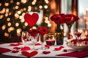 Valentijnsdag dag tafel instelling met rood rozen en kaarsen. ai-gegenereerd foto
