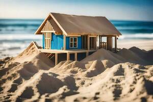 een miniatuur huis Aan de strand met zand. ai-gegenereerd foto
