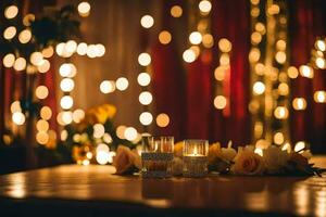 kaarsen en bloemen Aan een tafel met lichten. ai-gegenereerd foto