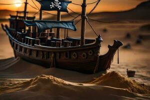 een piraat schip in de woestijn Bij zonsondergang. ai-gegenereerd foto