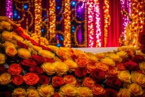 een bruiloft ceremonie met kleurrijk bloemen en lichten. ai-gegenereerd foto