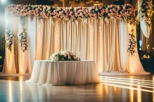 een bruiloft ontvangst tafel met bloemen en lichten. ai-gegenereerd foto