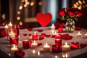 kaarsen en hart vormig papier uitsparingen Aan een tafel. ai-gegenereerd foto