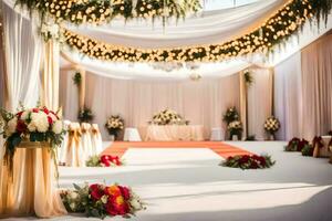 een bruiloft ceremonie met wit en goud decor. ai-gegenereerd foto