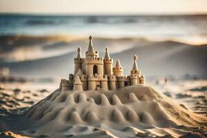 een zand kasteel Aan de strand. ai-gegenereerd foto