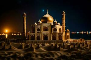 een zand kasteel is gemaakt uit van zand en lit omhoog Bij nacht. ai-gegenereerd foto