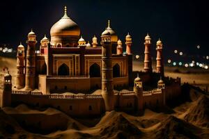 een zand kasteel is getoond in de woestijn Bij nacht. ai-gegenereerd foto