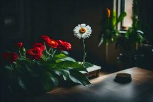 een bloem in een vaas Aan een tafel. ai-gegenereerd foto