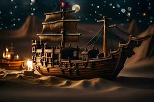 een piraat schip in de zand met kaarsen. ai-gegenereerd foto