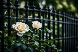twee wit rozen zijn Aan de hek van een zwart bewerkt ijzer schutting. ai-gegenereerd foto
