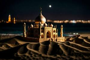 een zand kasteel is getoond in de woestijn Bij nacht. ai-gegenereerd foto