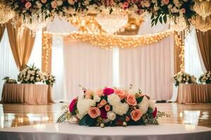 een bruiloft ontvangst tafel met bloemen en kroonluchters. ai-gegenereerd foto