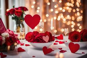 Valentijnsdag dag tafel instelling met rood rozen en hart vormig decoraties. ai-gegenereerd foto
