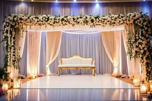 een elegant bruiloft ceremonie met een wit stoel en bloemen. ai-gegenereerd foto