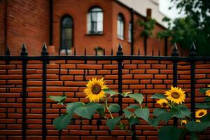 zonnebloemen in voorkant van een steen muur. ai-gegenereerd foto