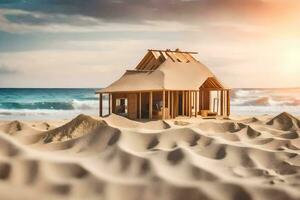 een klein houten huis Aan de strand met zand. ai-gegenereerd foto