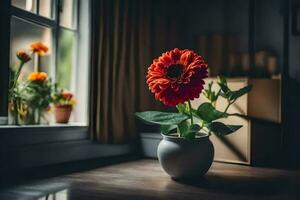 een rood bloem zit in een vaas Aan een tafel in de buurt een venster. ai-gegenereerd foto