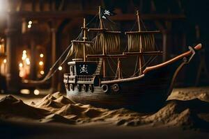 een piraat schip is zittend in de zand. ai-gegenereerd foto