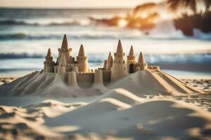 zand kasteel Aan de strand Bij zonsondergang. ai-gegenereerd foto