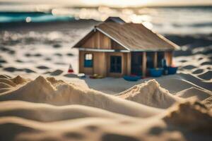 een miniatuur huis zit in de zand in de buurt de oceaan. ai-gegenereerd foto