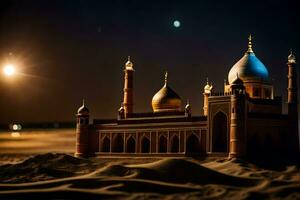 een klein moskee in de woestijn Bij nacht. ai-gegenereerd foto