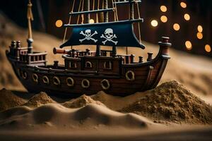 een piraat schip is zittend in de zand. ai-gegenereerd foto