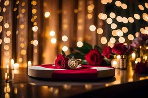 een bruiloft ring en rood rozen Aan een tafel. ai-gegenereerd foto