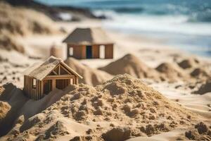 een klein houten huis zit Aan top van een zand duin. ai-gegenereerd foto