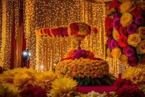 een kleurrijk bruiloft decoratie met bloemen en lichten. ai-gegenereerd foto