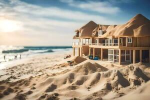 een miniatuur huis Aan de strand met mensen in de water. ai-gegenereerd foto