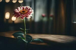 een single bloem is zittend Aan een tafel in voorkant van een venster. ai-gegenereerd foto