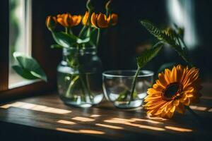 zonnebloemen in een vaas Aan een venster dorpel. ai-gegenereerd foto
