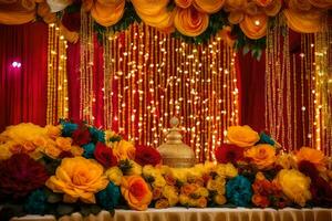 een kleurrijk bruiloft tafel met bloemen en slingers. ai-gegenereerd foto