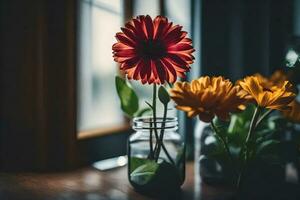 bloemen in een pot Aan een tafel. ai-gegenereerd foto