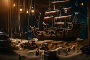 een piraat schip is in een donker kamer met lichten. ai-gegenereerd foto