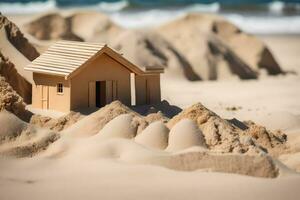 een klein huis is zittend in de zand. ai-gegenereerd foto