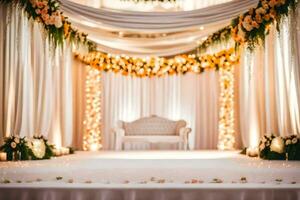 een elegant bruiloft stadium met wit en goud decoraties. ai-gegenereerd foto